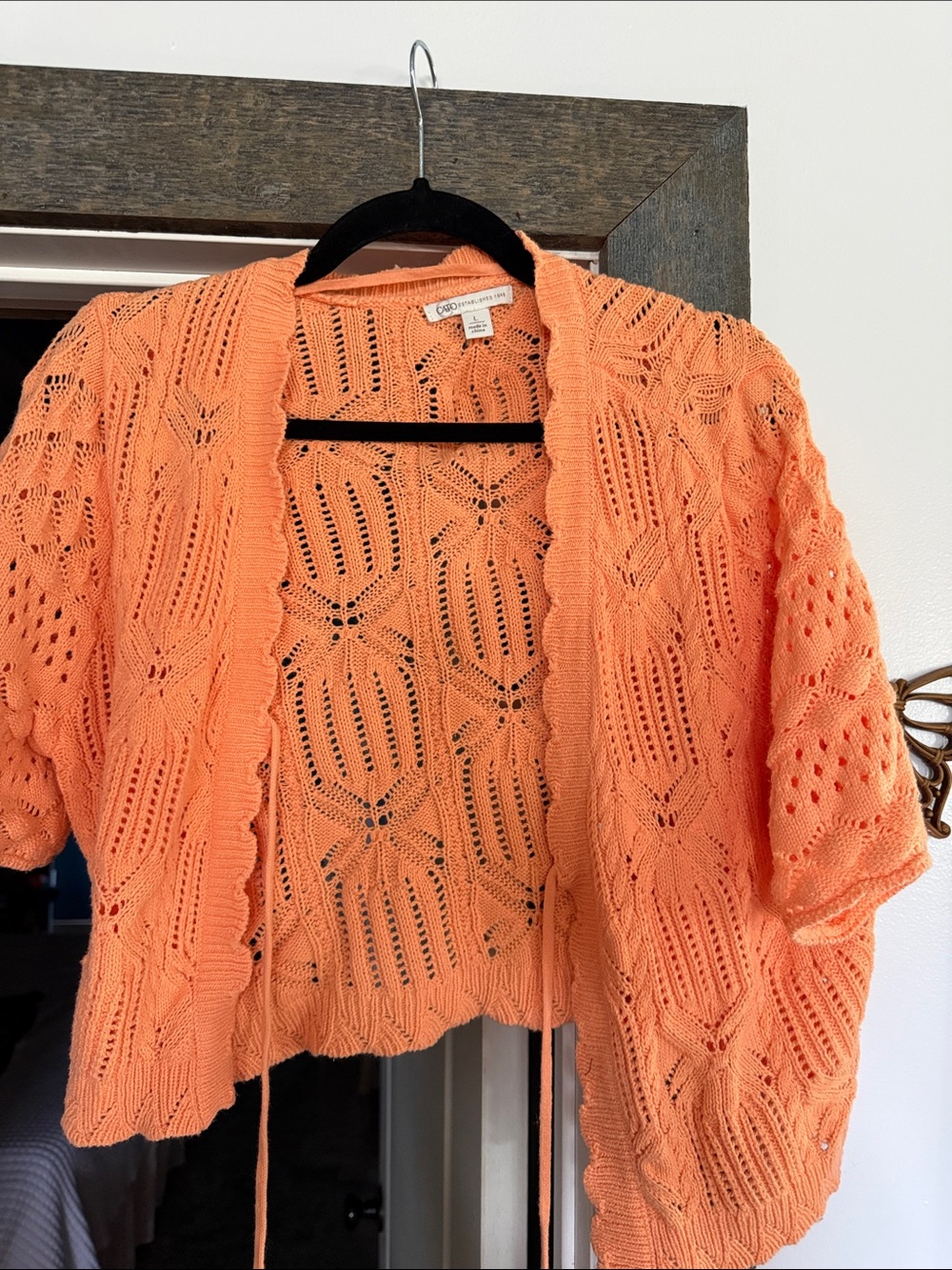 Cato Orange Openfront Crochet Knit Short Sleeve Cardigan